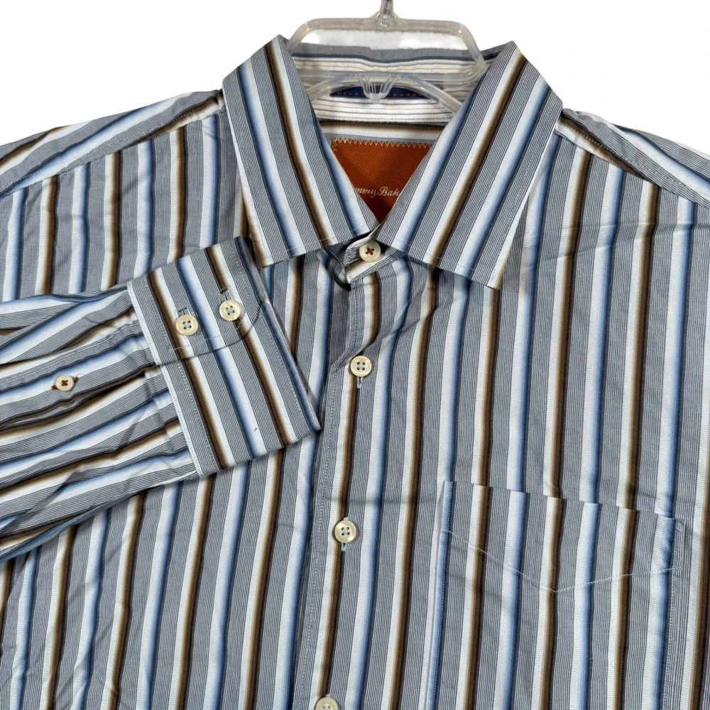 Tommy Bahama Button Down Shirt Mens Large Blue Brown Striped Long Sleeve Cotton‎